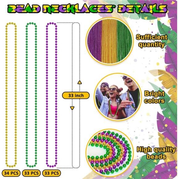 100PCS Mardi Gras Beads, Green Purple Gold Metallic Mardi Gras Beads Necklaces - Picture 2 of 7